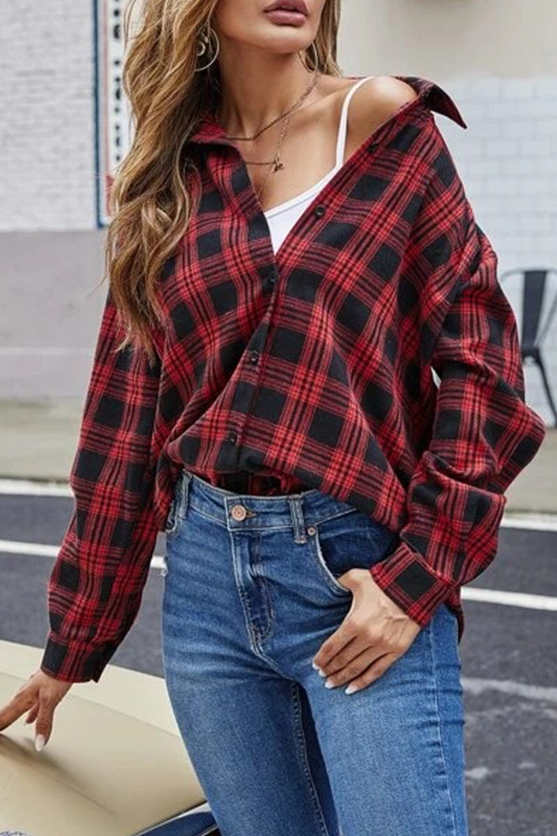 Casual Street Plaid Buckle Shirt Collar Blouses(13 Colors)