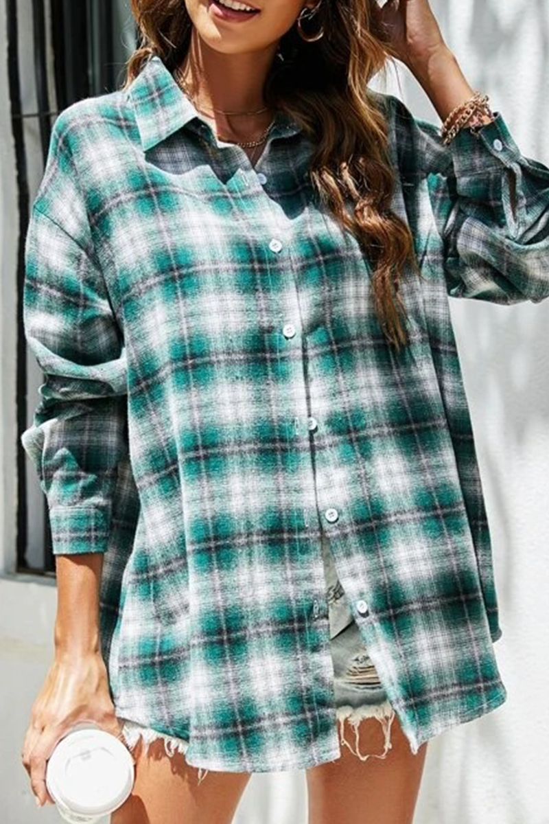 Casual Street Plaid Buckle Shirt Collar Blouses(13 Colors)