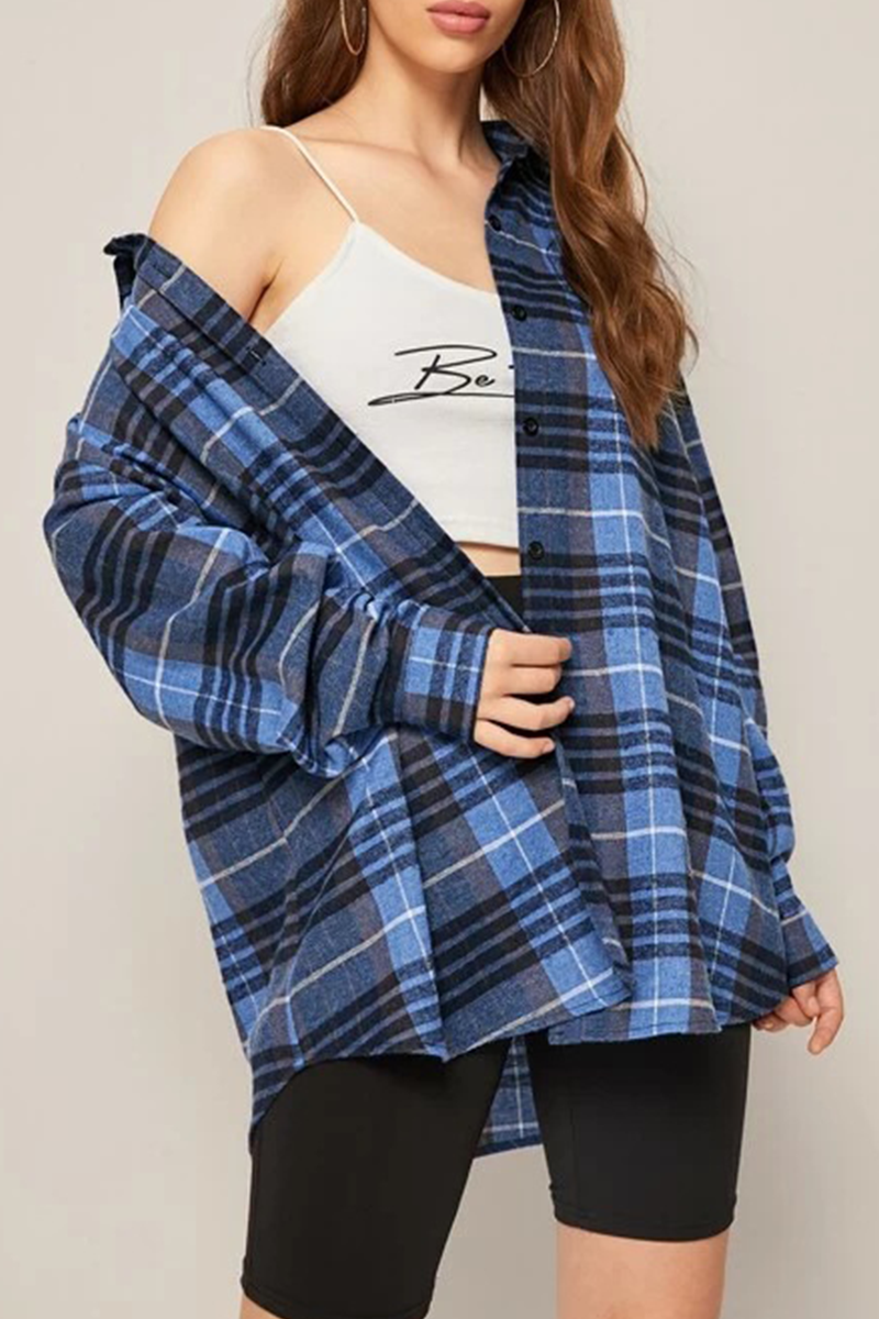 Casual Street Plaid Buckle Shirt Collar Blouses(13 Colors)