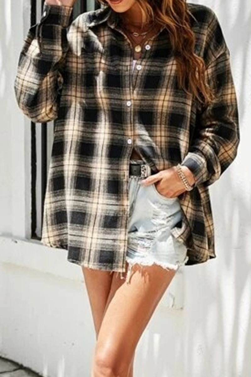 Casual Street Plaid Buckle Shirt Collar Blouses(13 Colors)