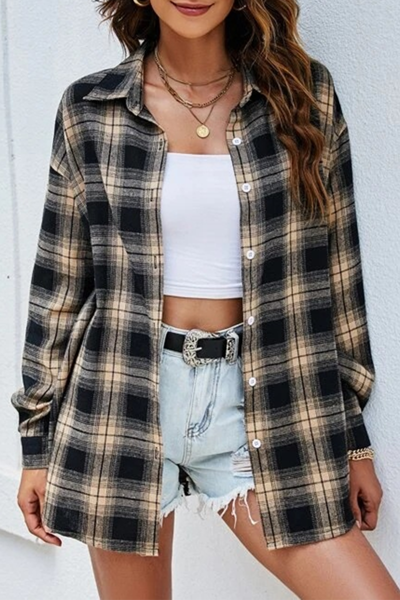 Casual Street Plaid Buckle Shirt Collar Blouses(13 Colors)