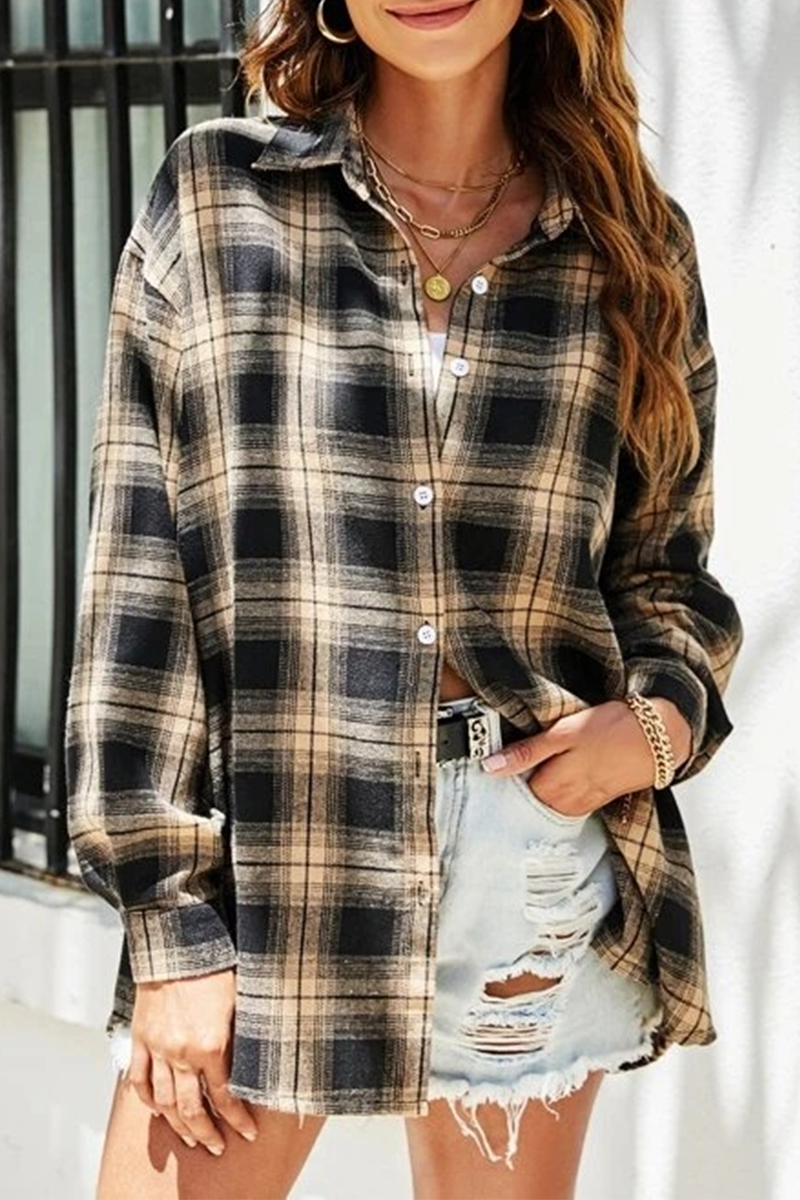 Casual Street Plaid Buckle Shirt Collar Blouses(13 Colors)