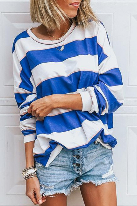 Casual Striped Contrast O Neck Tops(5 Colors)