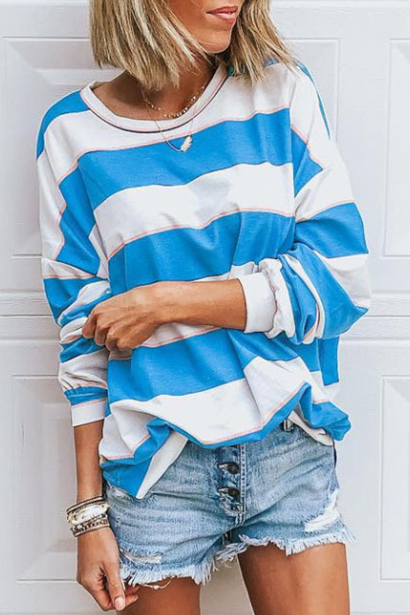 Casual Striped Contrast O Neck Tops(5 Colors)