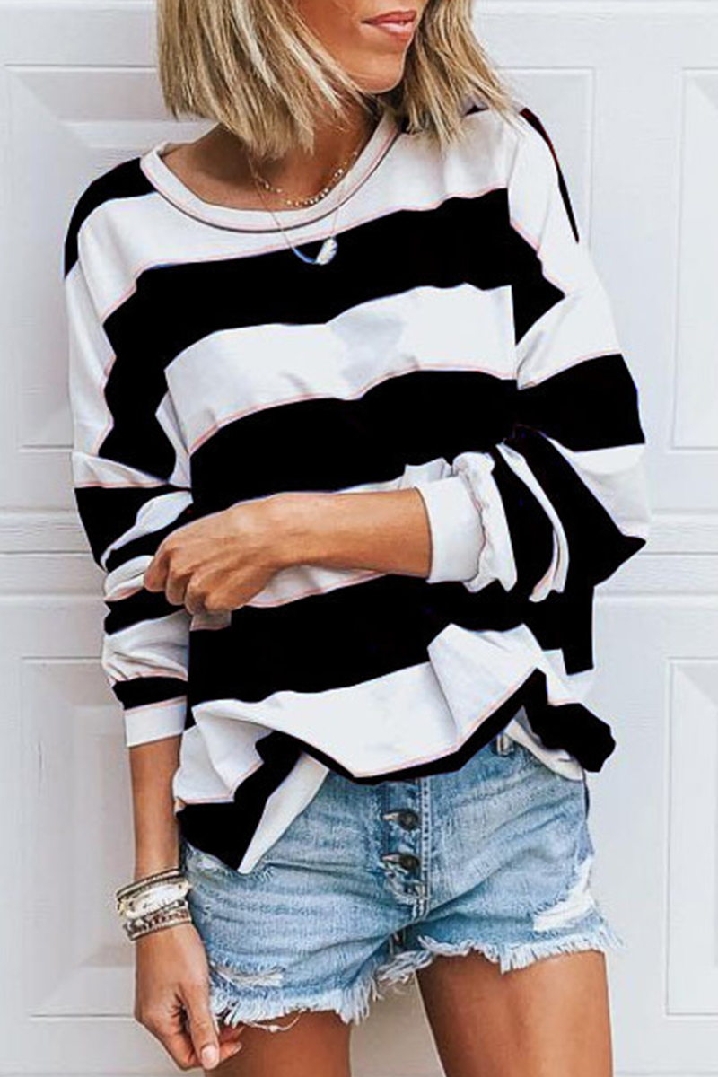 Casual Striped Contrast O Neck Tops(5 Colors)