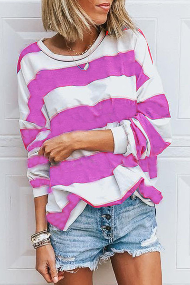 Casual Striped Contrast O Neck Tops(5 Colors)