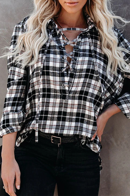 Casual Plaid Frenulum Cross Straps V Neck Tops