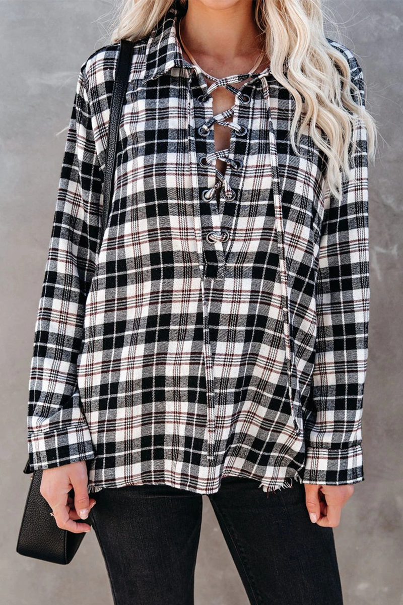 Casual Plaid Frenulum Cross Straps V Neck Tops