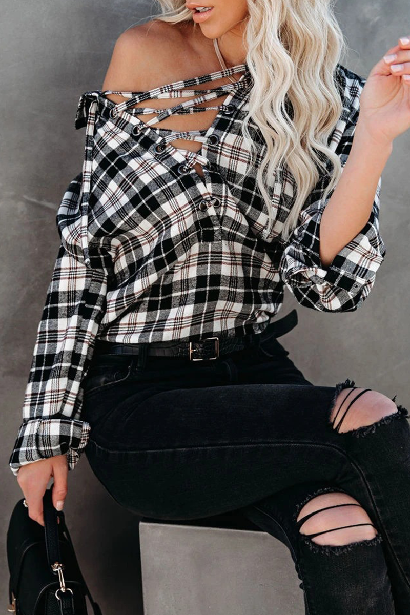 Casual Plaid Frenulum Cross Straps V Neck Tops