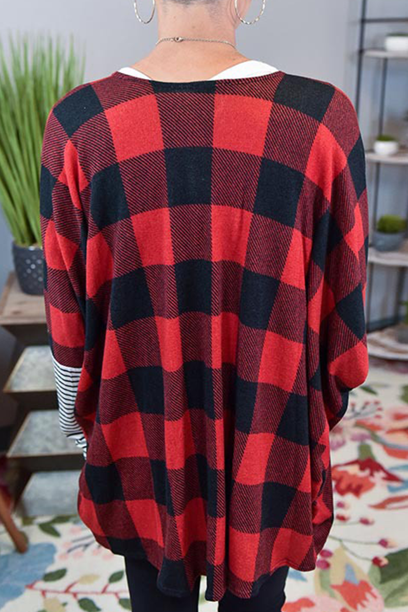 Casual Plaid Striped Split Joint  Contrast Tops