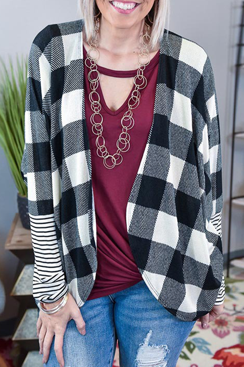 Casual Plaid Striped Split Joint  Contrast Tops