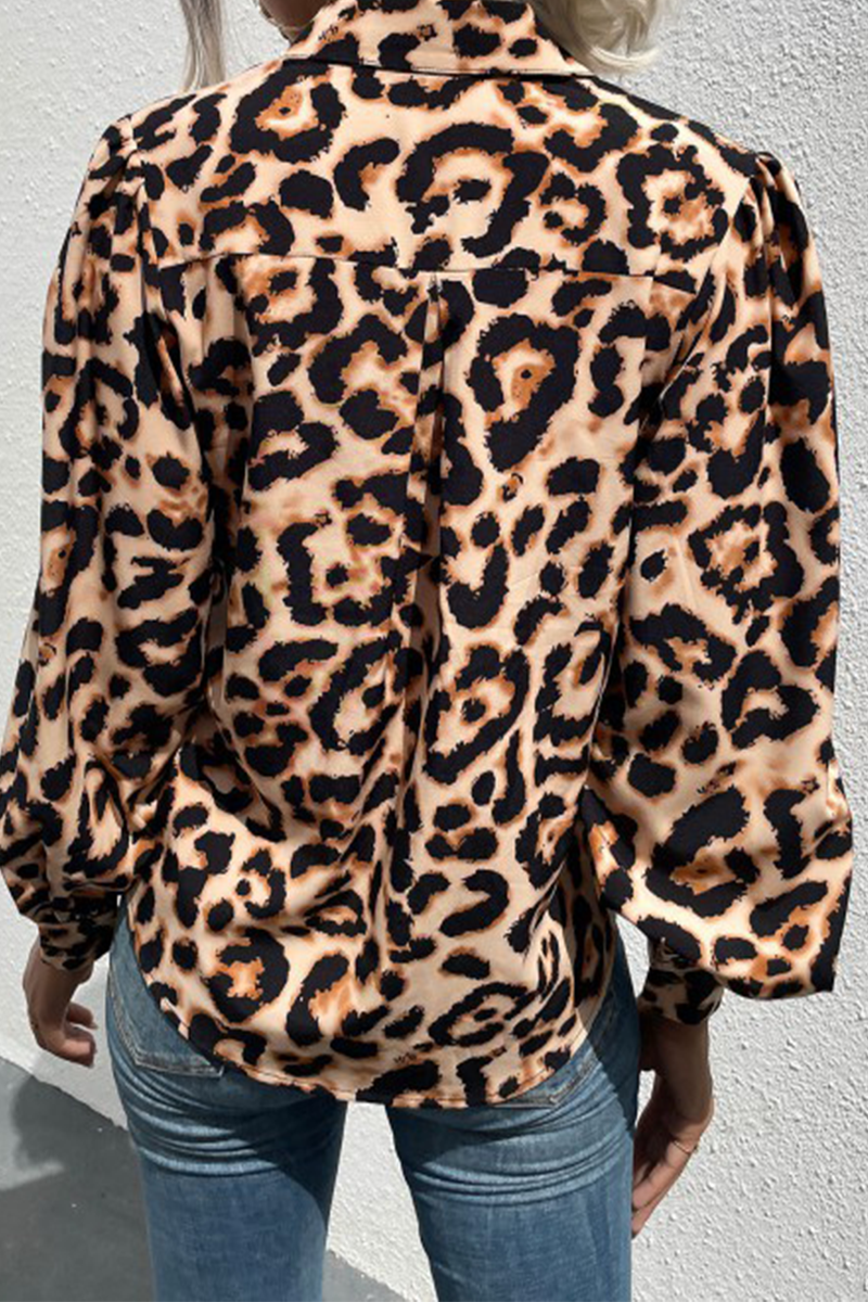 Elegant Leopard Split Joint Buckle Turndown Collar Tops