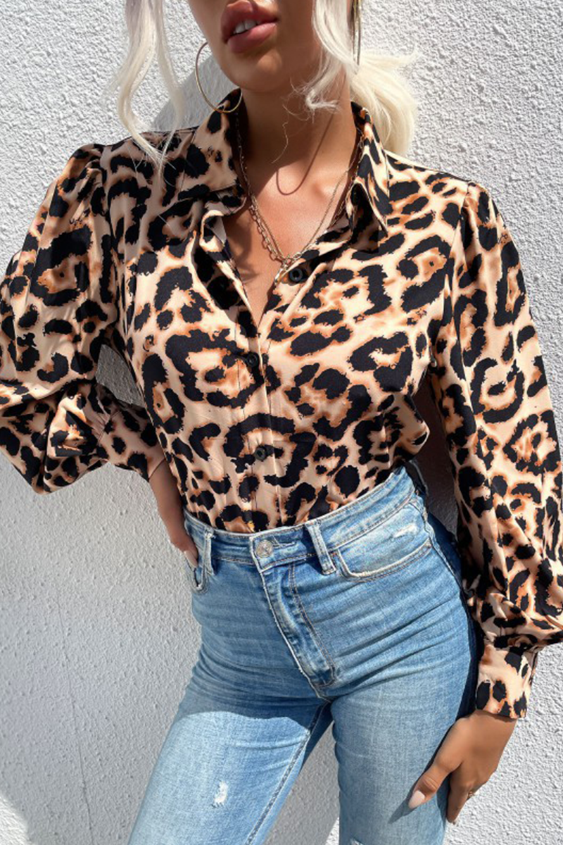 Elegant Leopard Split Joint Buckle Turndown Collar Tops