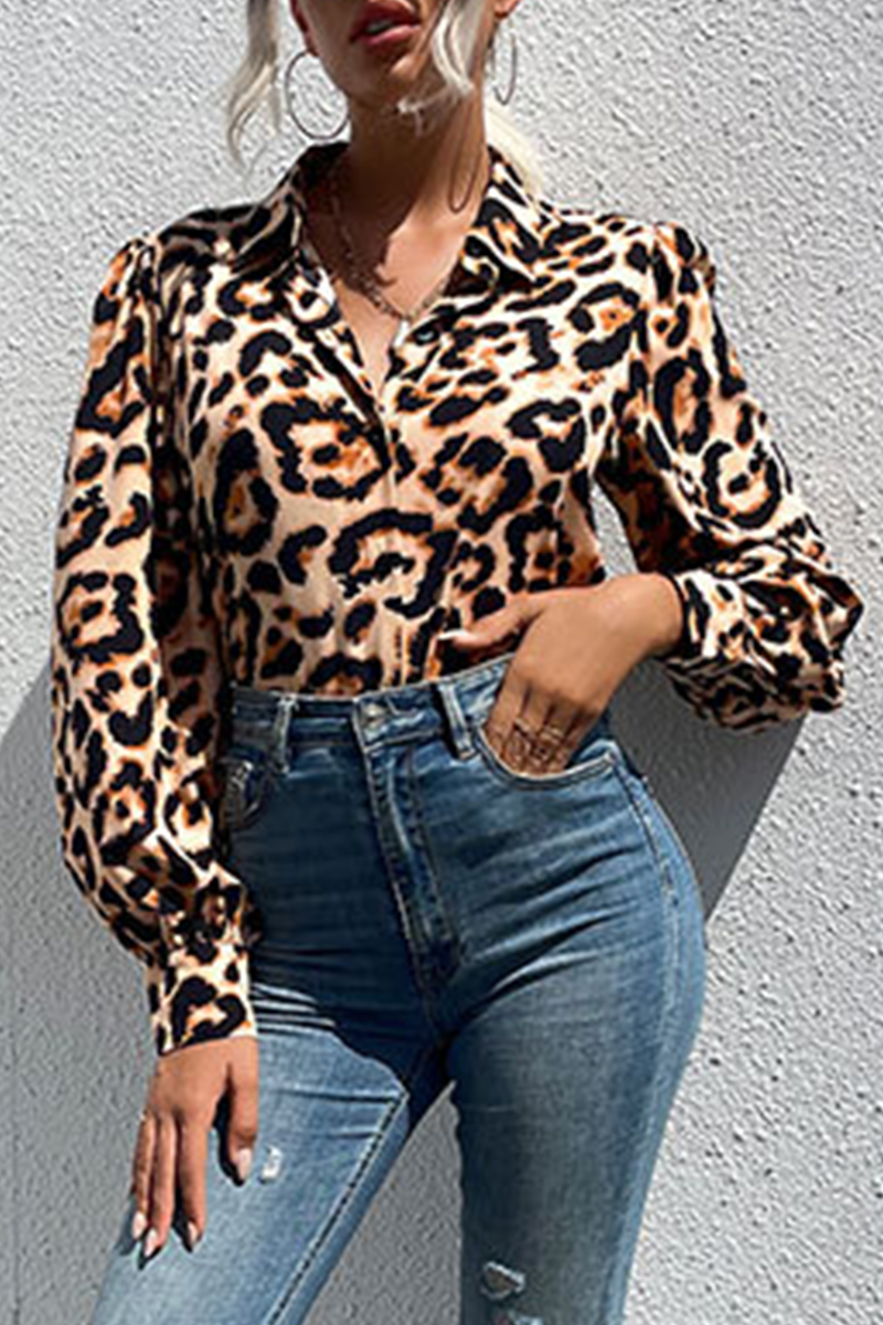 Elegant Leopard Split Joint Buckle Turndown Collar Tops