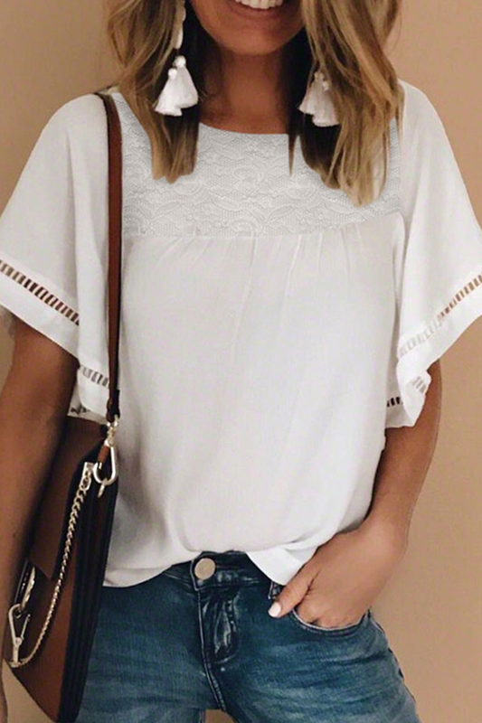 Casual Solid Lace O Neck T-Shirts