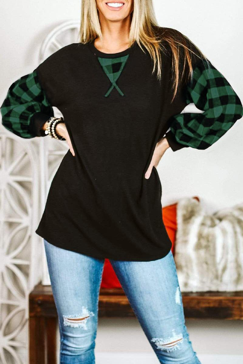 Casual Plaid Split Joint O Neck Tops