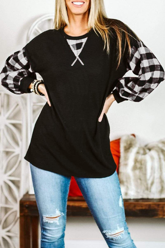 Casual Plaid Split Joint O Neck Tops