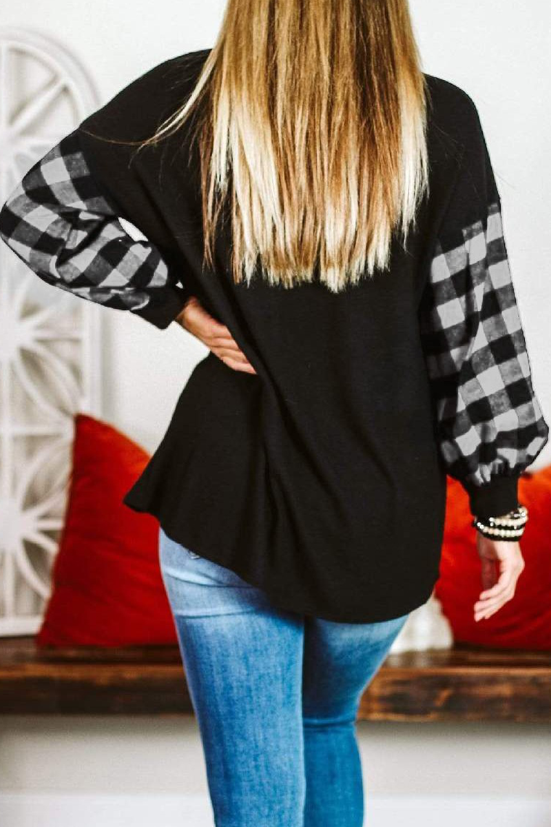 Casual Plaid Split Joint O Neck Tops