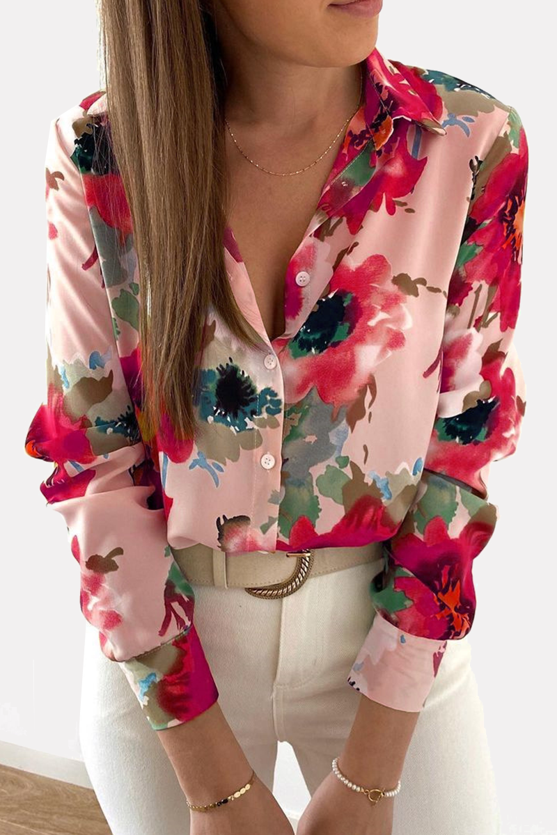 Casual Print Buckle Turndown Collar Tops(4 Colors)