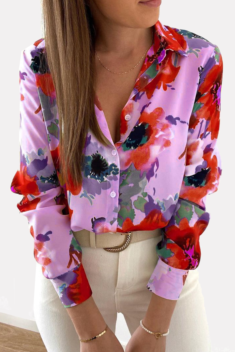 Casual Print Buckle Turndown Collar Tops(4 Colors)