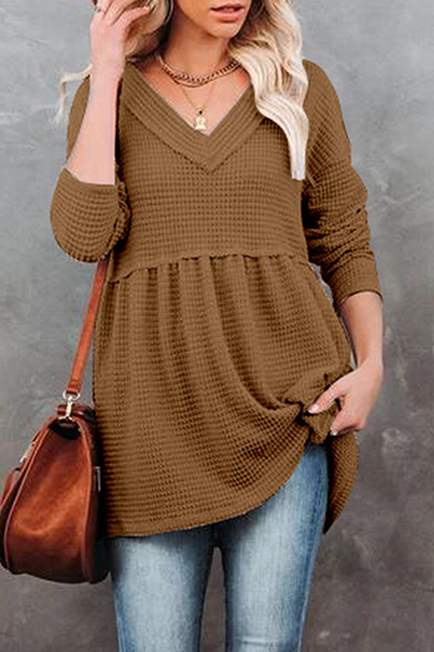 Casual Solid Split Joint Fold V Neck Tops(7 Colors)