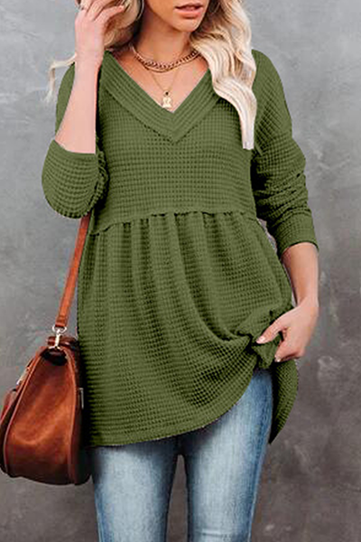 Casual Solid Split Joint Fold V Neck Tops(7 Colors)