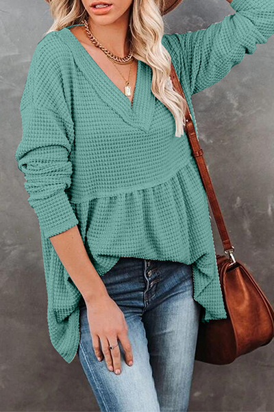 Casual Solid Split Joint Fold V Neck Tops(7 Colors)