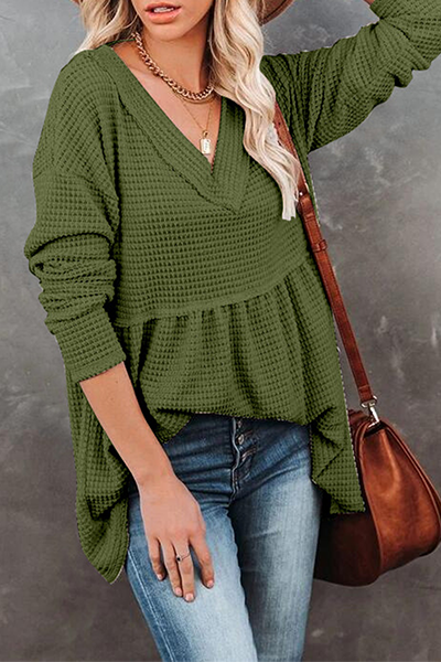 Casual Solid Split Joint Fold V Neck Tops(7 Colors)