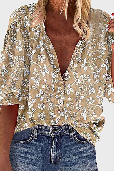 Casual Print Buckle Turndown Collar Tops(5 Colors)