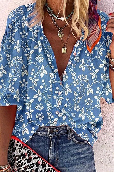 Casual Print Buckle Turndown Collar Tops(5 Colors)