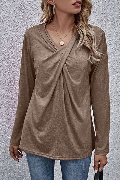 Casual Solid Split Joint Fold V Neck Tops