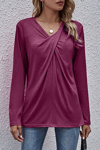 Casual Solid Split Joint Fold V Neck Tops