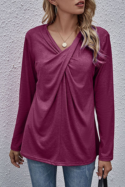 Casual Solid Split Joint Fold V Neck Tops