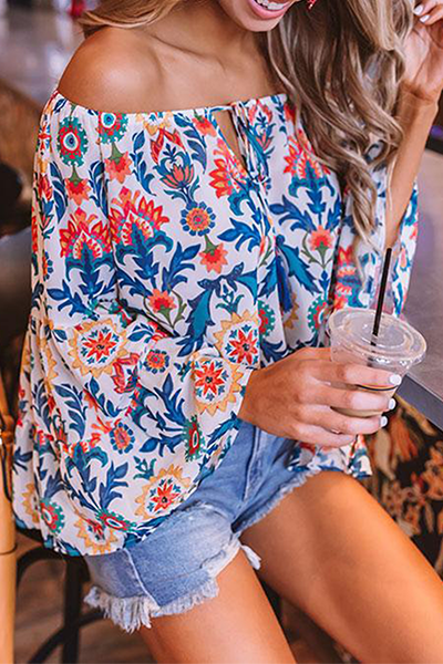 Casual Elegant Print Patchwork Frenulum Off the Shoulder Tops