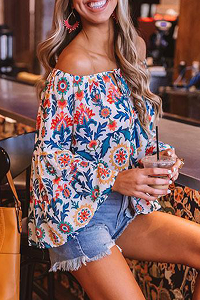 Casual Elegant Print Patchwork Frenulum Off the Shoulder Tops