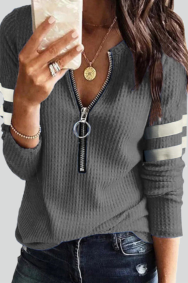 Casual Striped Patchwork Zipper Zipper Collar Tops(6 Colors)