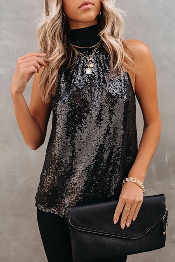 Fashion Casual Solid Sequins Strap Design Tops