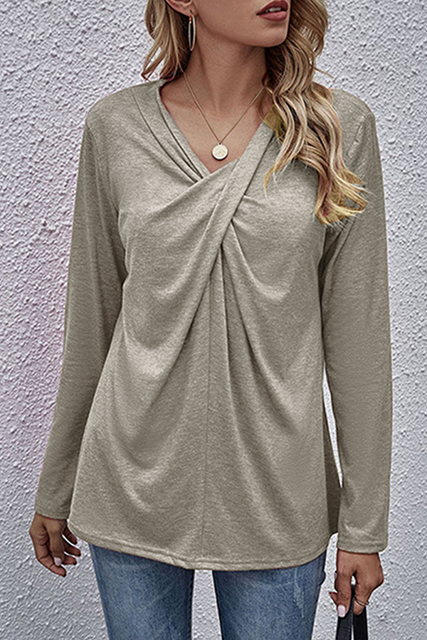 Casual Solid Split Joint Fold V Neck Tops