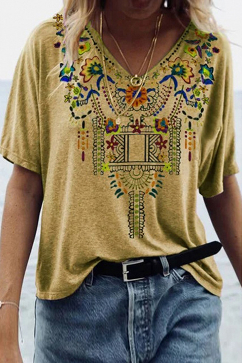 Casual Print Patchwork V Neck T-Shirts(6 Colors)