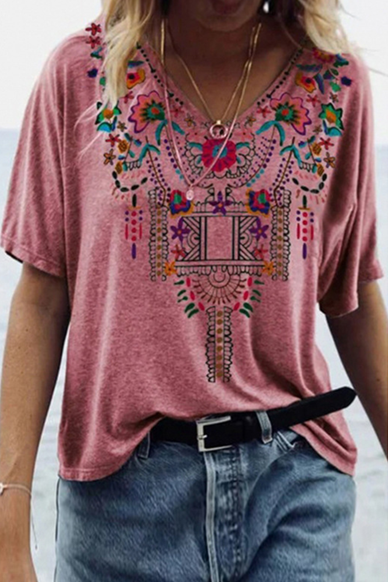 Casual Print Patchwork V Neck T-Shirts(6 Colors)