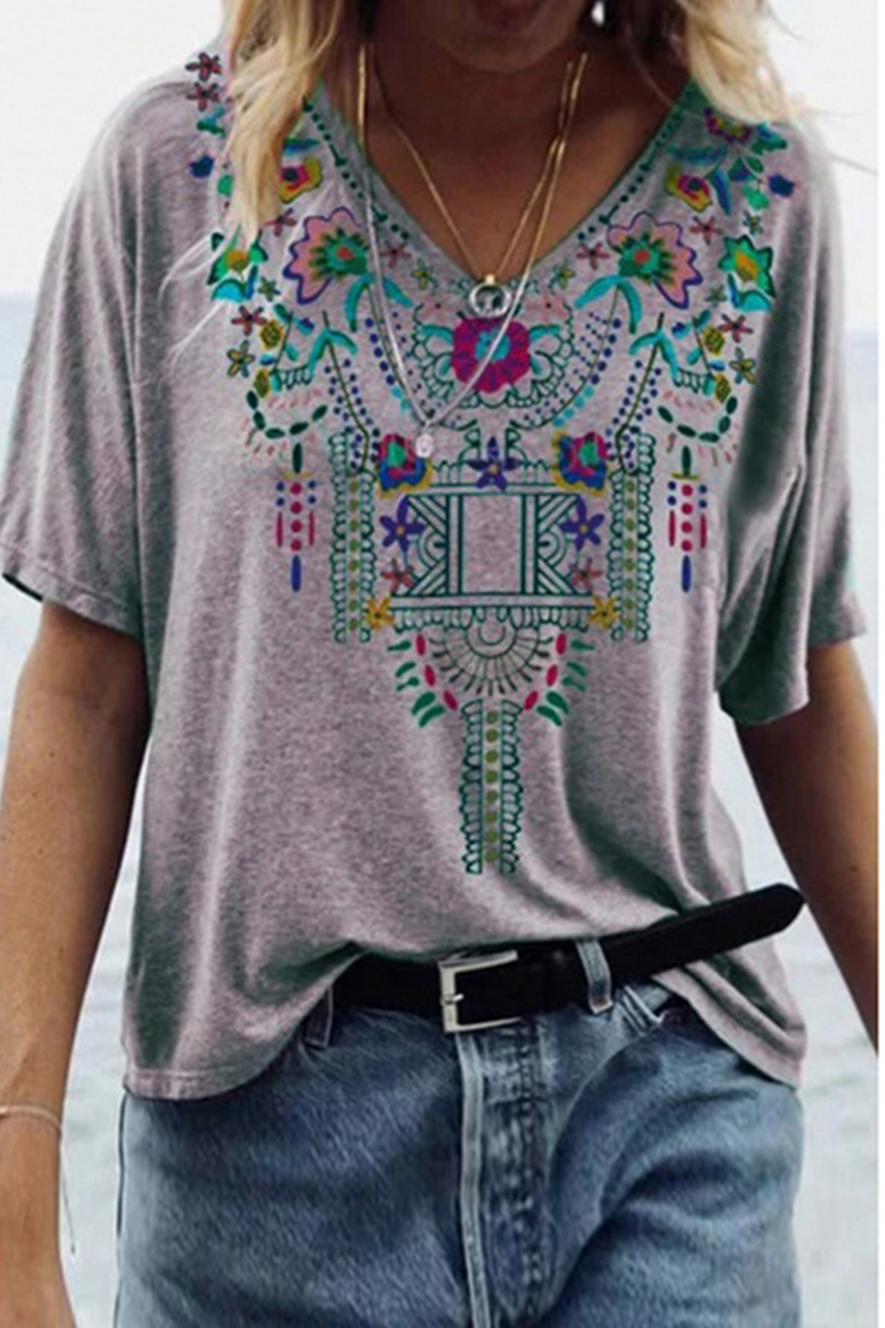 Casual Print Patchwork V Neck T-Shirts(6 Colors)