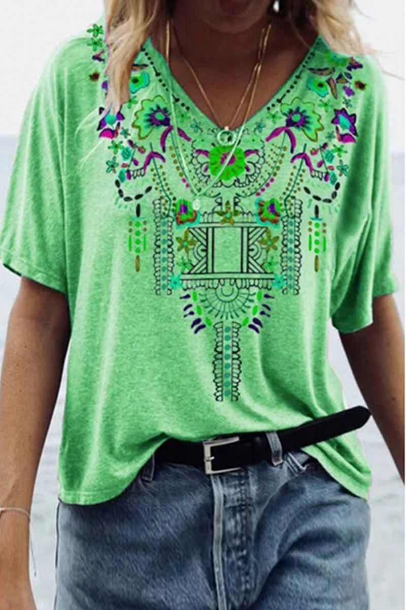 Casual Print Patchwork V Neck T-Shirts(6 Colors)