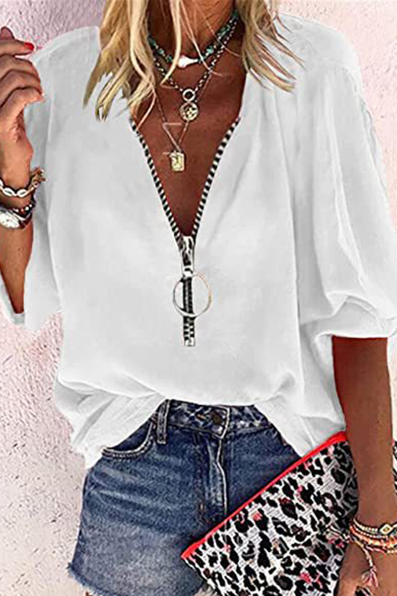 Casual Solid Patchwork Zipper Collar Tops(8 Colors)