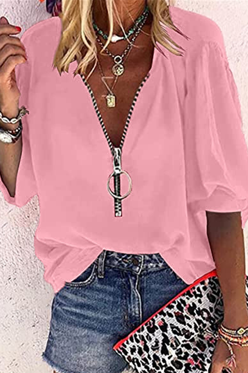 Casual Solid Patchwork Zipper Collar Tops(8 Colors)