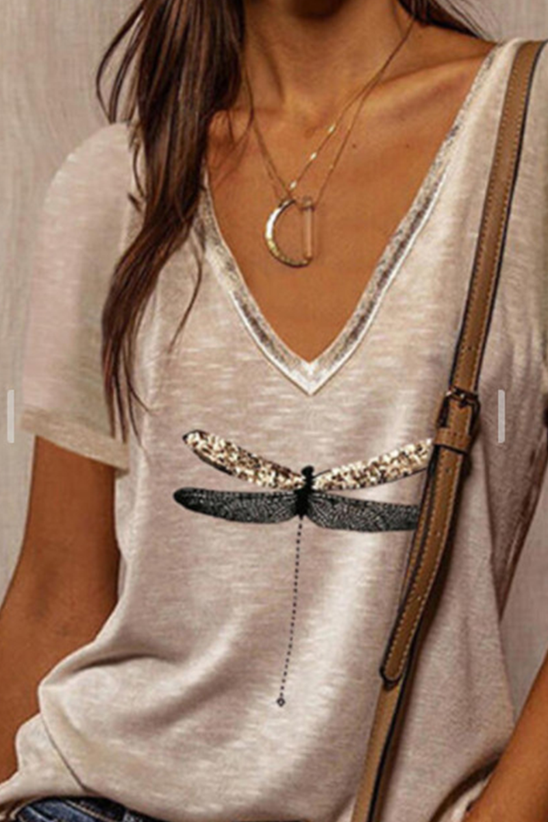 Casual Print Patchwork V Neck T-Shirts