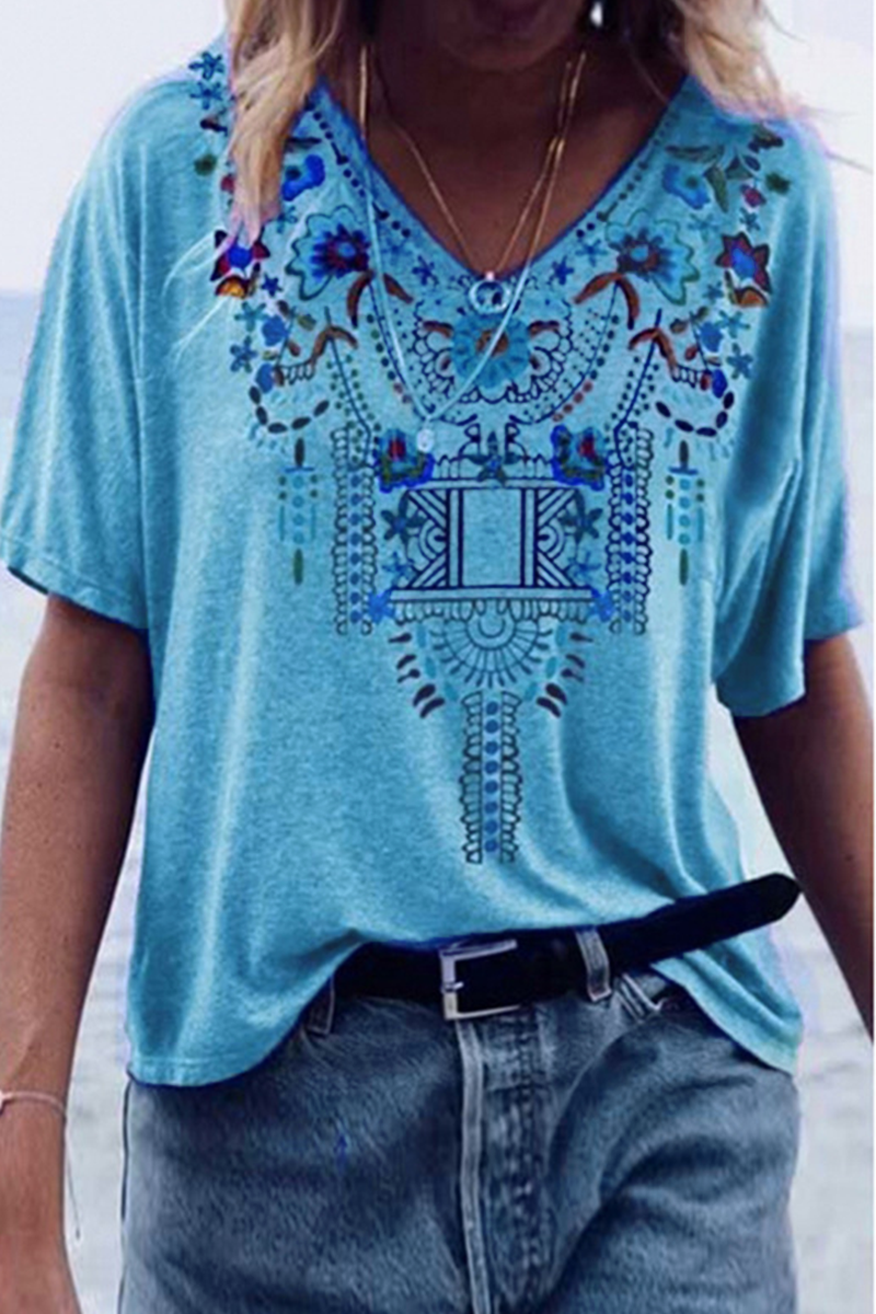 Casual Print Patchwork V Neck T-Shirts(6 Colors)