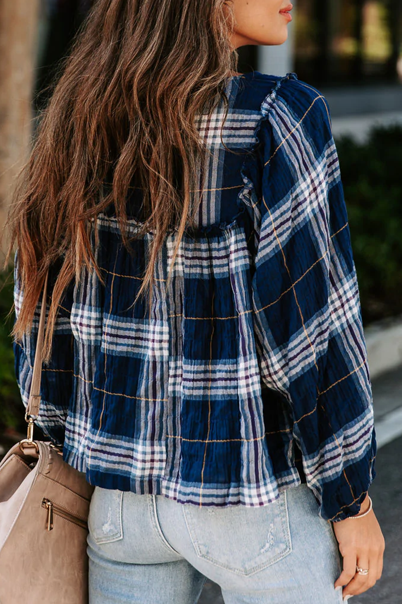 Casual Plaid Patchwork V Neck Tops