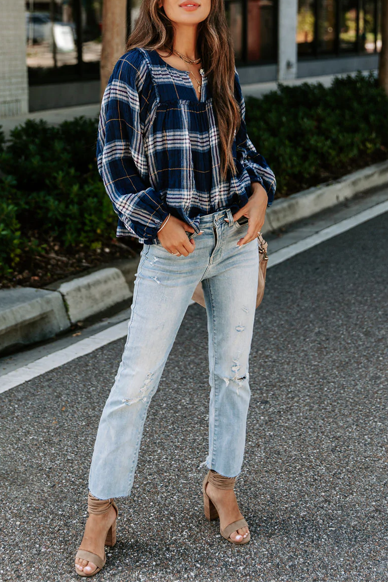 Casual Plaid Patchwork V Neck Tops