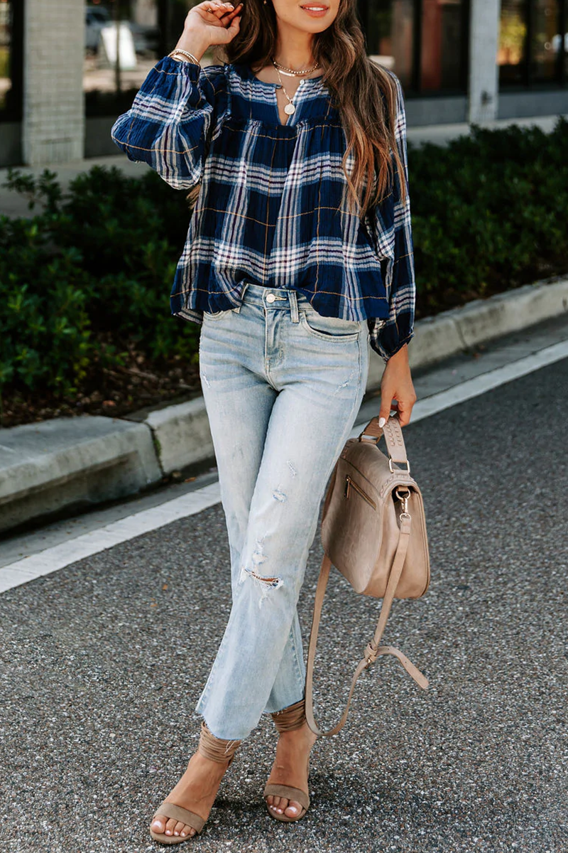 Casual Plaid Patchwork V Neck Tops