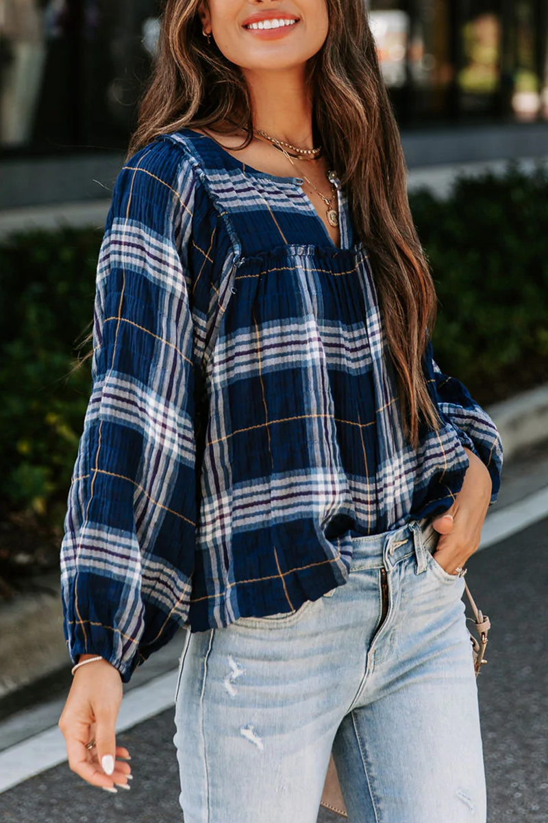 Casual Plaid Patchwork V Neck Tops